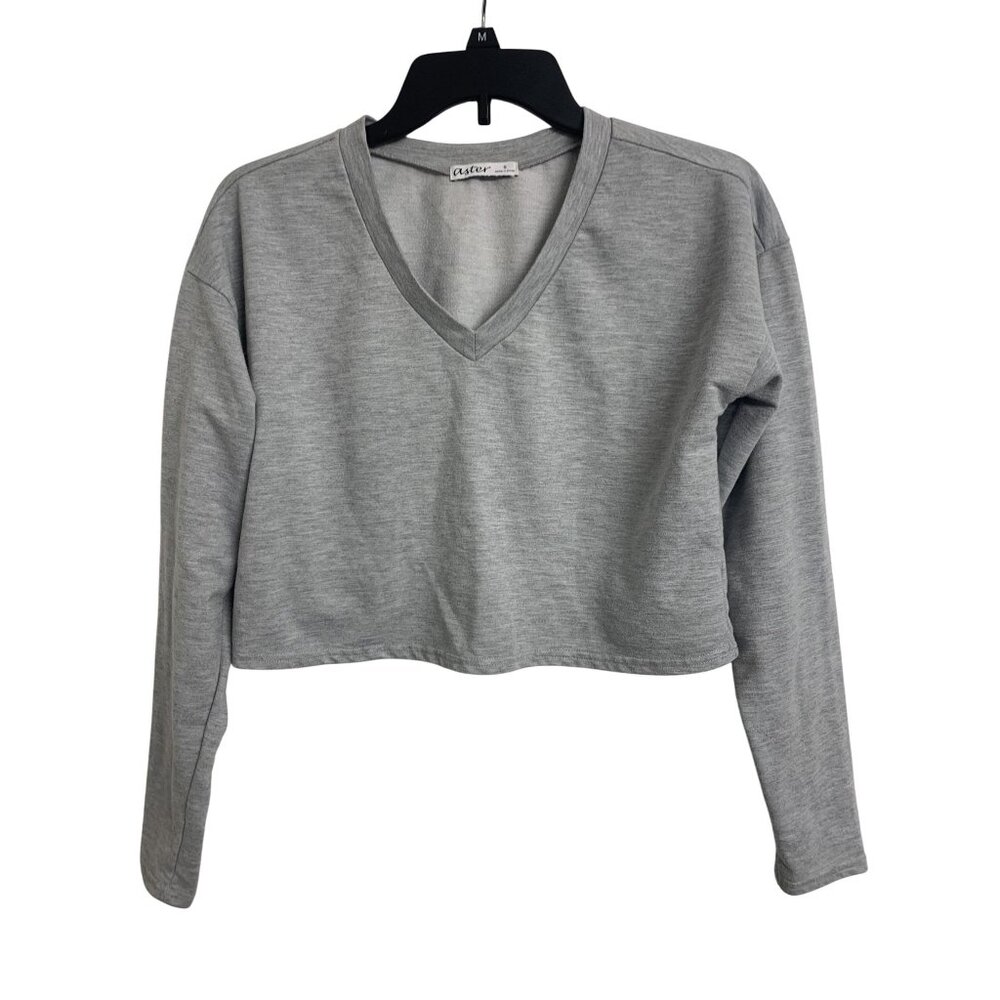 Aster S Cropped V-Neck Casual Minimalist Pullover‎ Sweatshirt Top Gray